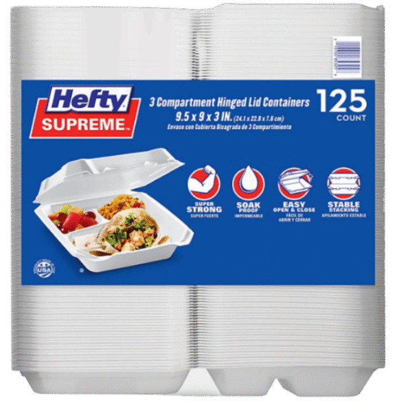 3-Compartment Hefty Supreme Foam Hinged Lid Container - 125 Count
